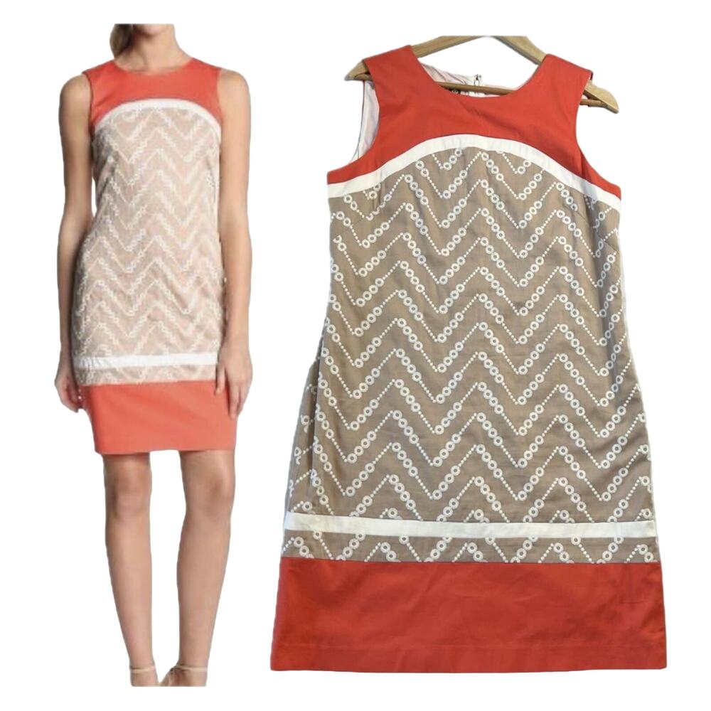 Anne Klein Women's Shift Dress 12 Orange Tan Sleeveless Embroidered Detail